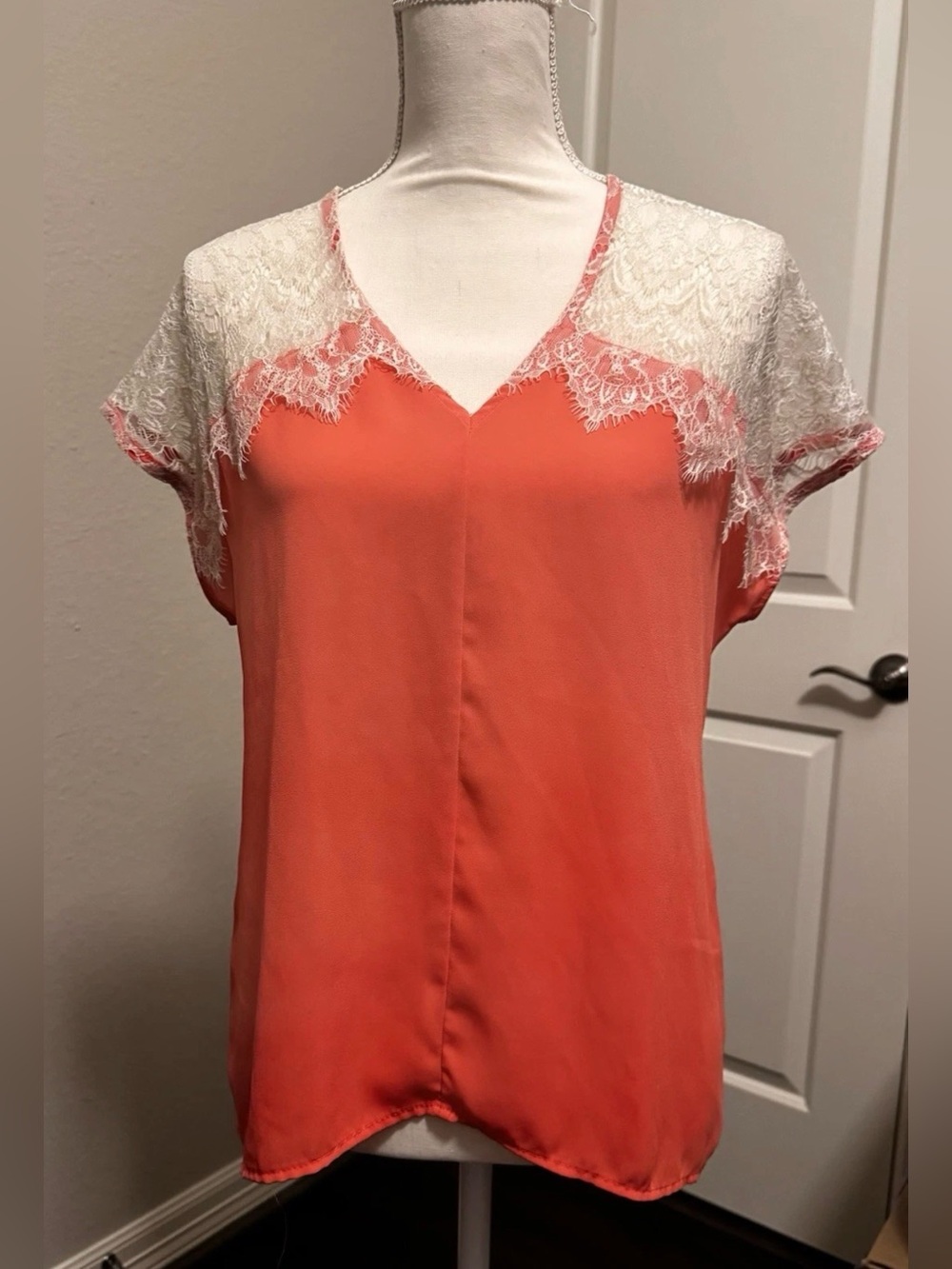 Coral And White Lace Blouse Size Small